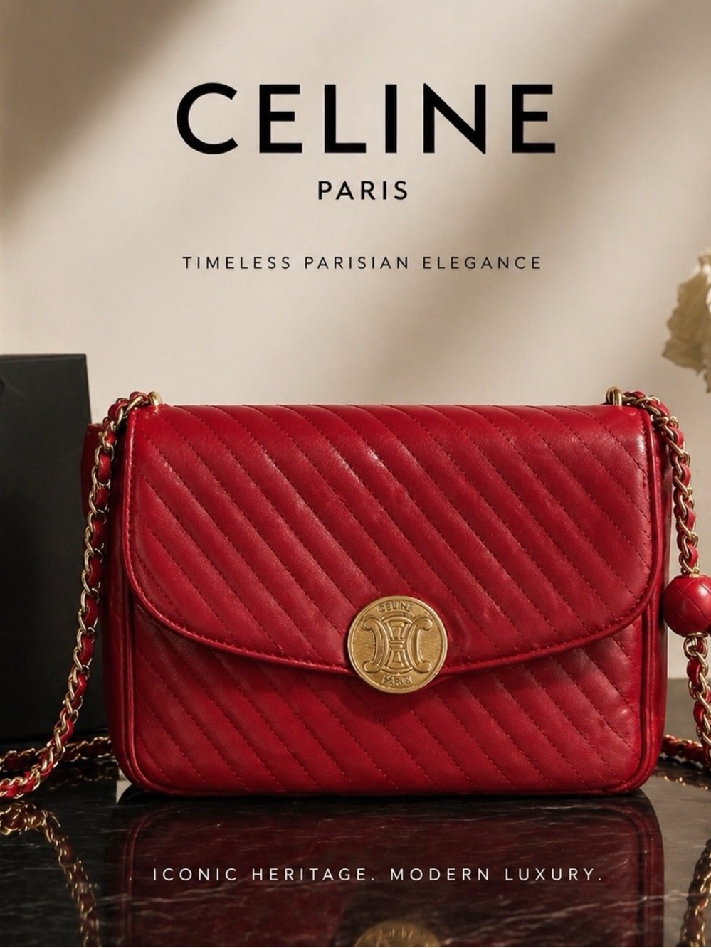 🔥 Vintage Celine Triomphe Quilted Red Leather Chain Flap Shoulder Bag 🔥